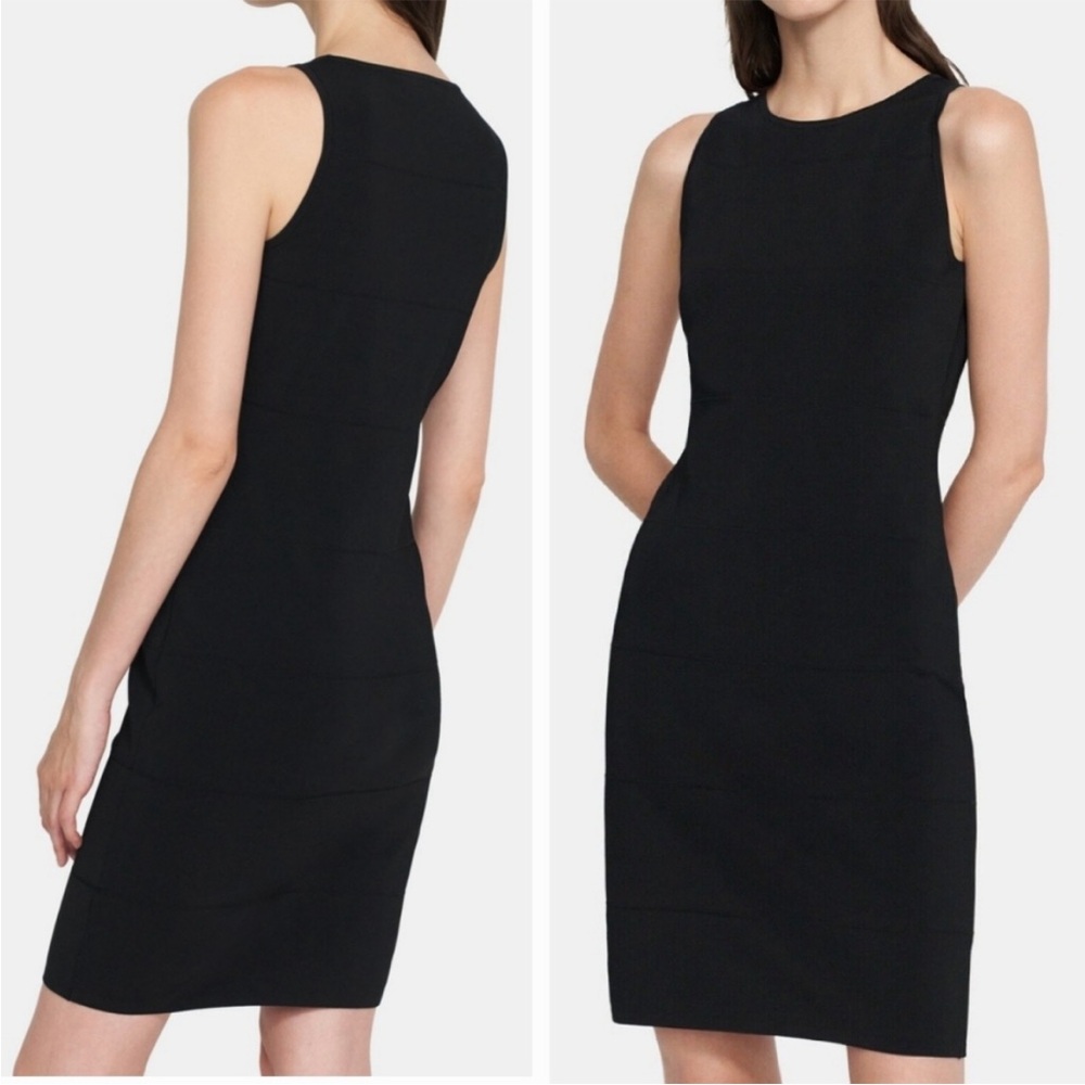 Theory Pointelle Dress Black Glossed Sz Medium Sleeveless Fitted Stretch Knit